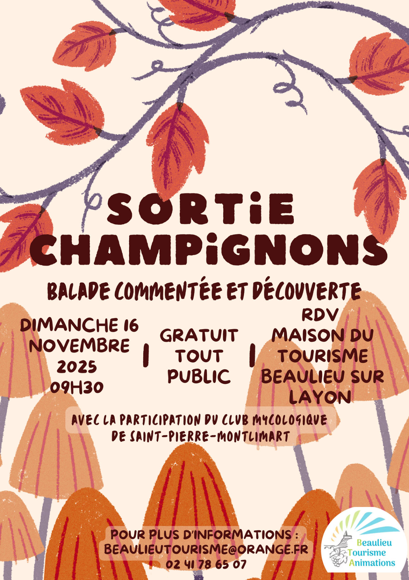 Affiche de la sortie champignons. On y voit des branches et des champignons qui décorent le texte. Le texte indique les mêmes informations que celles présentes sur cette page
